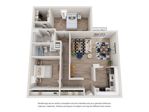 a stylized floor plan of a 1 bedroom apartment